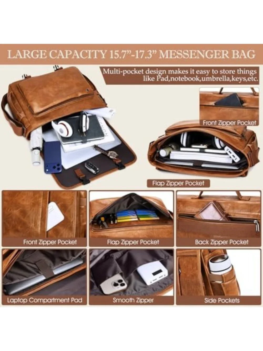 Stylish PU Leather Messenger Bag for Men - Large Laptop Briefcase for Work